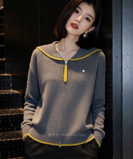 해군 베이비 칼라 가을 새로운 한 부서 패치워크 색상 루즈핏 슬림해 보이는 보온 부드러운 찹쌀 당겨서 달구다 오픈 가디건 스웨터 여자 재킷