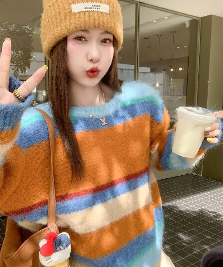 한 번 작은 짭짤한 한 부서 도파민 스트라이프 스웨터 여자 가을 겨울 새로운 작은 키 인사이드 가져 가라. 니트 스웨터 맨위 겨울