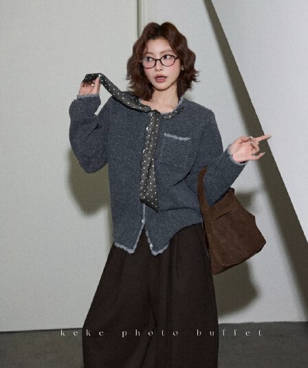 애 애 사심없는 낭만주의 양 양모 혼합 라운드 넥 니트 스웨터 배색 측면 Chic 리본 스웨터 오픈 가디건