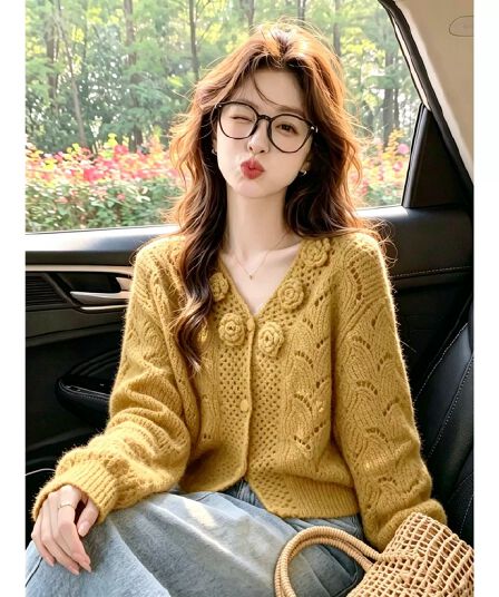 프랑스식 레트로 3 차원 꽃 홀로우 아웃 니트 오픈 가디건 여성 2026 가을 새로운 디자인 센스 스웨터 코트 맨위