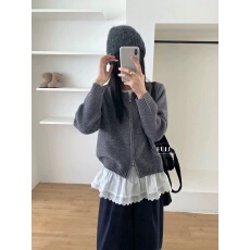 批发东大门 圆领精致短款针织开衫开衫厚重结实纹理感双拉链<b class='q'>外套</b>毛衣