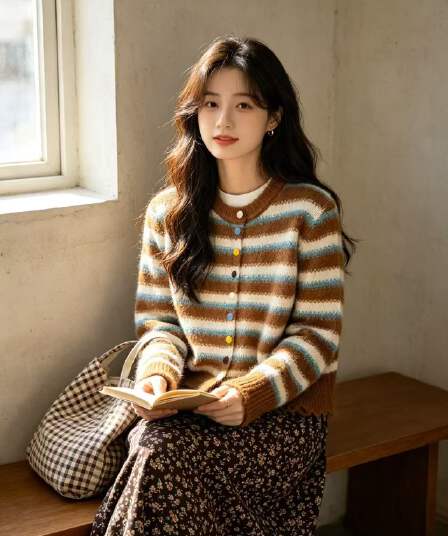 한 부서 부드러운 바람 배색 스트라이프 스웨터 니트 카디건 코트 라운드 넥 다용도 슬림해 보이는 느긋한 바람 맨위