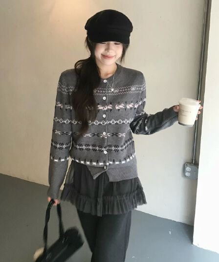 우 77 회색 레트로 공정한 섬 니트 오픈 가디건 여자 2026 봄 새로운 느긋한 바람 외국 가스 아름다운 맨위