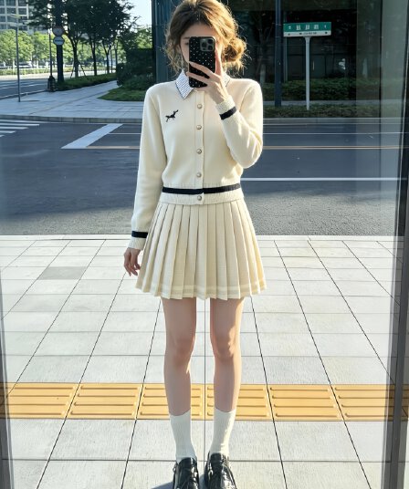 부유 한 가족 천 골드 miu 부서 착용 가져 가라. 가을 겨울 새로운 프랑스식 품격 니트 오픈 가디건 플리츠 미니 스커트 투피스 세트 여성 의류