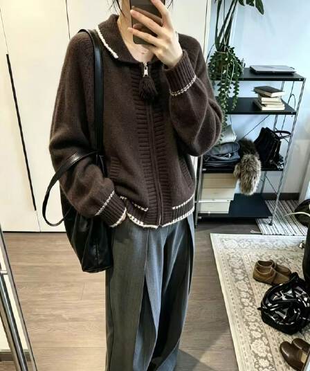 프랑스식 레트로 어두운 회색 니트 지퍼 폴로 칼라 오픈 가디건 스웨터 여자 가을 겨울철 느긋한 바람 루즈핏 맨위 재킷