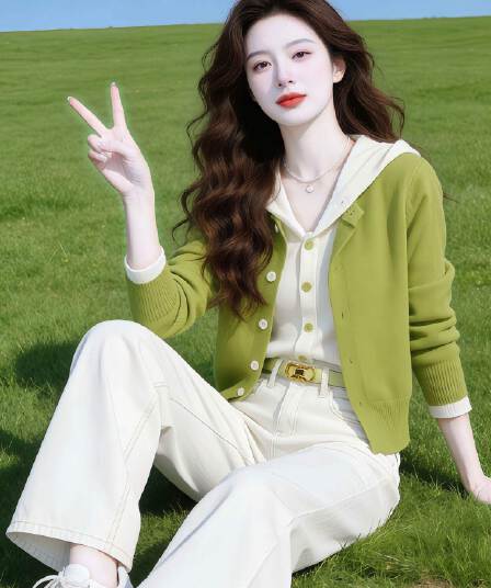 녹색 페이크 레이어드 니트 스웨터 가을 의상 여자 2026 새로운 패션 외국 가스 후드 스웨터 카디건 코트 맨위