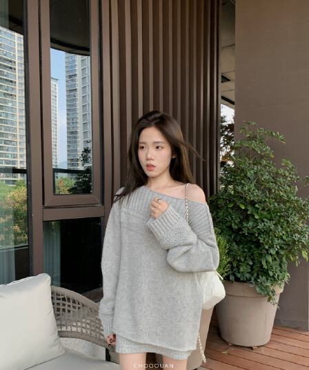 미크론 양모 자카드 오프숄더 회색 스웨터 니트 미니 스커트 가을 세트 2026 투피스 세트