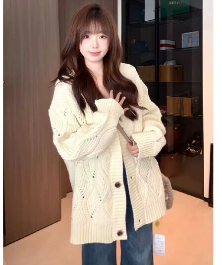 레드 맨 파빌리온 니트 오픈 가디건 여성 한 부서 가을 착용 잡아라. 의류 외부 가져 가라. 분위기 센스 핑크색 느긋한 바람 스웨터 코트