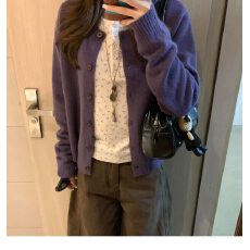 批发紫色毛衣开衫外套女秋冬季新款外穿<b class='q'>休闲</b>宽松显瘦长袖短款针织上衣
