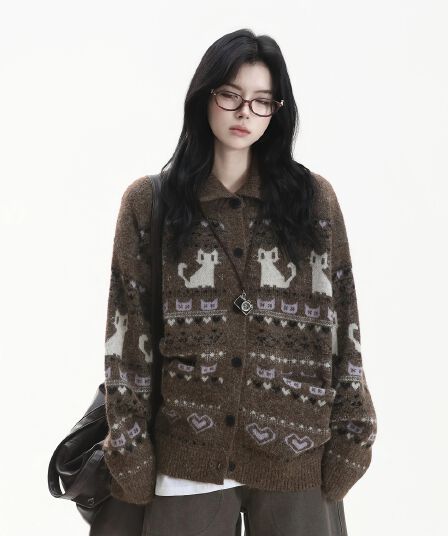 앉아서 먹고 아메리칸 레트로 루즈핏 공정한 섬 니트 스웨터 여자 이른 가을 배색 폴로 칼라 카디건 코트