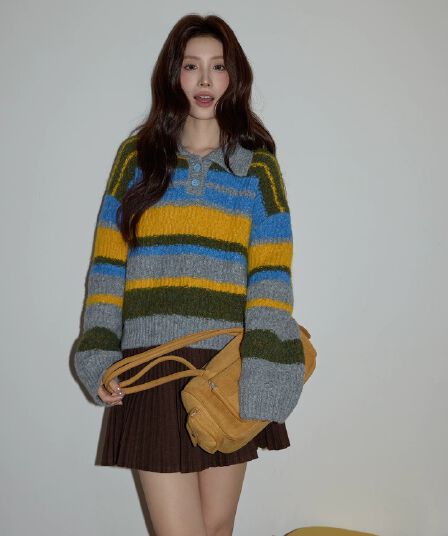 다시 레인 서리 염색 가을 셔츠 레트로 스트라이프 패치워크 색상 POLO 칼라 두꺼운 느긋한 스웨터 여자 2026 겨울 새로운
