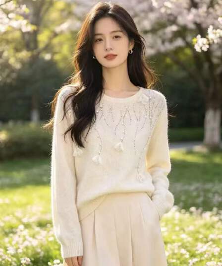 26 가을 겨울 숙녀 바람 라운드 넥 니트 스웨터 여성 화이트 핫픽스 풀오버 루즈핏 다용도 디자인 센스 양모 기본 셔츠