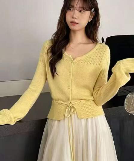 Ouyang 안녕하세요. 옥수수 강 떡 프랑스식 황색 u 칼라 긴팔 오픈 가디건 봄 드레스 맨위 여성 허리 수축 털 니트 스웨터