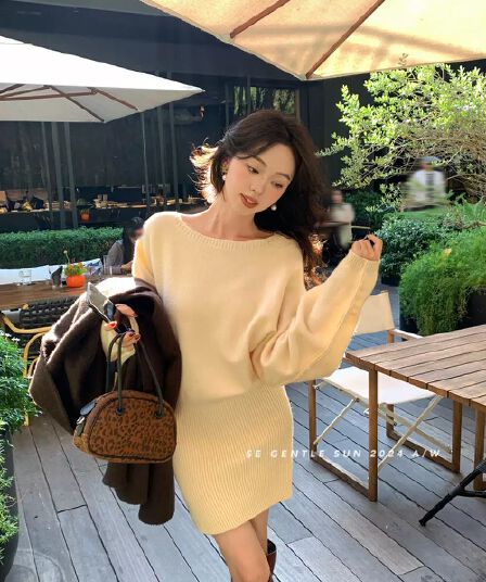 가을 겨울 ins 분위기 센스 빨간색 비스듬한 어깨 스웨터 드레스 여성 품격 허리 수축 오프숄더 타이트 스커트 니트 미니 스커트 느긋한 바람