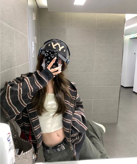 ashenonline 와일드 라스베리 도넛 아메리칸 레트로 스트라이프 후드티 디자인 센스 후드 오픈 가디건 여성 코트