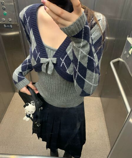 작은 요정 니켈 어린이 레트로 링 그리드 니트 오픈 가디건 여성 코트 가을 자이언트 잘 생긴 한 부서 스웨터 세트 패션 맨위