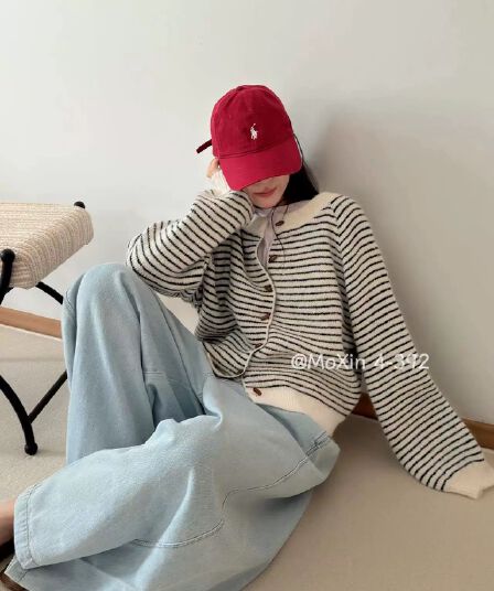 한 부서 미니멀리즘 스트라이프 부드러운 찹쌀 니트 오픈 가디건 여성 가을 겨울철 새로운 루즈핏 슬림해 보이는 스웨터 다용도 재킷 맨위