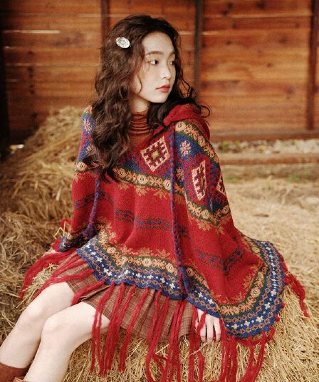 가을 겨울 휴가 티벳 운남 레트로 빨간색 크리스마스 술 후드 망토 보온 자외선 차단 숄 외부 가져 가라. 스웨터