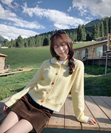 한 번 작은 짭짤한 한 부서 우유 황색 색상 버클 니트 오픈 가디건 여성 가을 베이비 칼라 레이스 스웨터 연령 감소 달콤함 맨위