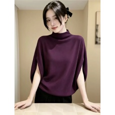 批发2026秋季新款半高领蝙蝠袖针织衫女宽松显瘦气质高贵紫色<b class='q'>中袖</b><b class='q'>上衣</b>