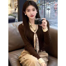 批发宋正恩咖色Polo领假两件针织衫女毛衣秋季内搭<b class='q'>修身</b>短款长袖小上衣