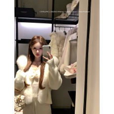 批发COOLLINE林子熙 雪宝 千金风两色大毛领针织外套气质软糯显瘦上衣