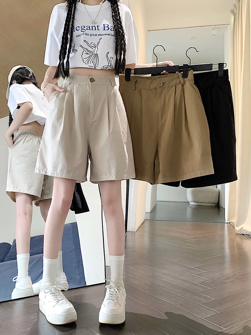 RY3027# 实拍 原版棉卡其色工装短裤女夏薄款高腰a字阔腿宽松休闲五分裤