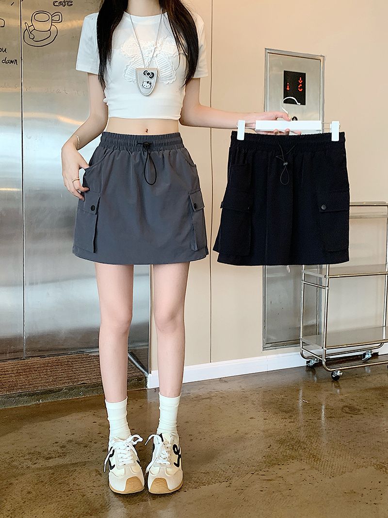 RY3026# 实拍 立体腰工装半身裙女2025夏季高腰a字阔腿显瘦美式速干短裙裤