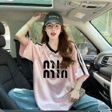 批发原版面料/后包领 球衣运动风宽松T恤女<b class='q'>中长款</b>V领设计感上衣