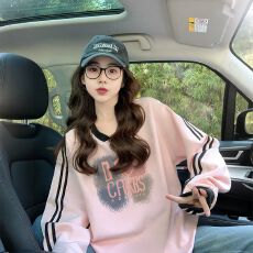 批发仿华棉复牛奶丝/后包领 粉色V领设计感卫衣女潮牌宽松运动风<b class='q'>上衣</b>