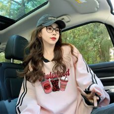 批发仿华棉复牛奶丝/后包领 粉色V领设计感卫衣女潮牌宽松运动风<b class='q'>上衣</b>