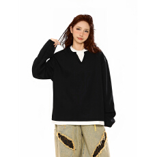 批发实拍<b class='q'>大码</b>女装长袖<b class='q'>t</b><b class='q'>恤</b>卫衣男秋季新款中长宽松纯色假两件圆领上衣