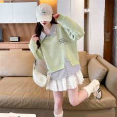 批发实拍卫衣女秋冬新款慵懒风假两件拼接<b class='q'>衬衫女</b>大码宽松长袖上衣