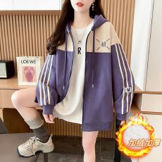 批发实拍实价 纯棉华棉复合银狐绒 后包领 韩版连帽撞色连帽开衫外套