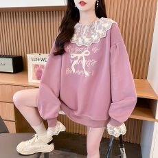 批发实拍实价 纯棉华棉 后包领 韩版宽松<b class='q'>刺绣</b><b class='q'>蕾丝</b>拼接卫衣女