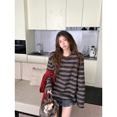 批发实拍首尔云感绒长袖t恤<b class='q'>打底衫</b>女装薄款美式条纹春秋圆领韩版上衣