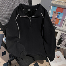 批发实拍<b class='q'>大码</b>女装长袖<b class='q'>t</b><b class='q'>恤</b>卫衣男薄款潮春秋明线装饰拉链新款立领上衣