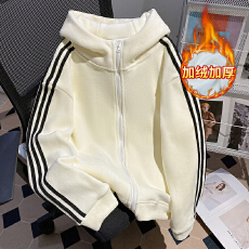 批发实拍加绒<b class='q'>卫衣</b>女装秋冬新款宽松条纹拉链开衫外套连帽保暖上衣