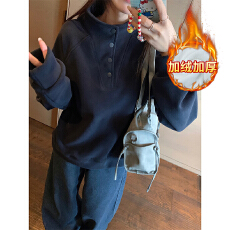 批发实拍380克奥粒绒加绒卫衣女秋冬新款设计感纯色立领保暖上衣