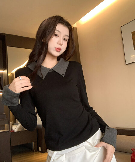 실사 260 그램 리브 연삭 털 긴팔 티셔츠 기본 셔츠 봄 가을 얇은 여성 단색 페이크 레이어드 폴로 칼라 맨위