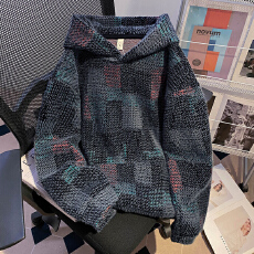 批发实拍七彩格子薄款卫衣男女情侣装春秋新款宽松设计感连帽上衣