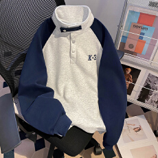 实拍 卫衣男女情侣装春秋新款薄款插肩袖刺绣宽松插色高领上衣