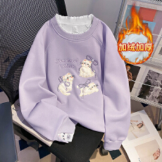 批发实拍加绒卫衣秋冬潮新款宽松假两件刺绣花蝴蝶结圆领保暖上衣