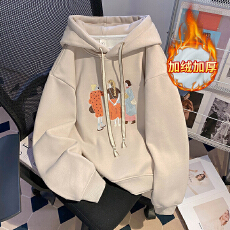 批发实拍加绒卫衣女装秋冬新款宽松手工串珠亮片连帽保暖韩版上衣