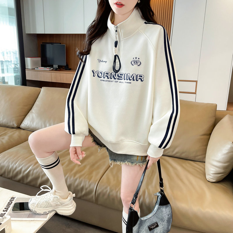 실사 2026 새로운 모방 Mianhua 면 290 그램 루즈핏 자수 POLO 칼라 긴팔 후드티 여성