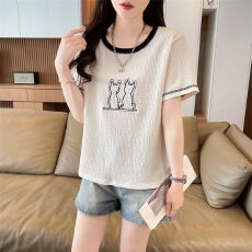批发实拍 短袖t恤女夏季新款小猫咪百搭洋气显瘦圆领时尚上<b class='q'>衣服</b>女
