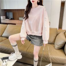 批发实拍 2026新款韩版宽松春秋款蕾丝花边装饰拼接华棉卫衣女