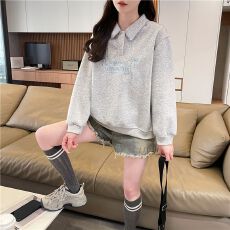 批发实拍 2026新款韩版宽松春秋款绣花拼接月牙小设计华棉卫衣女