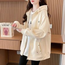 批发实拍后包领纯棉华棉复牛奶丝刺绣薄款外套春季新款拉链慵懒风卫衣