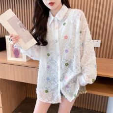 批发实拍原版做法面料中长款薄款开衫春夏季防晒<b class='q'>衬衫</b>流苏刺绣提花外套